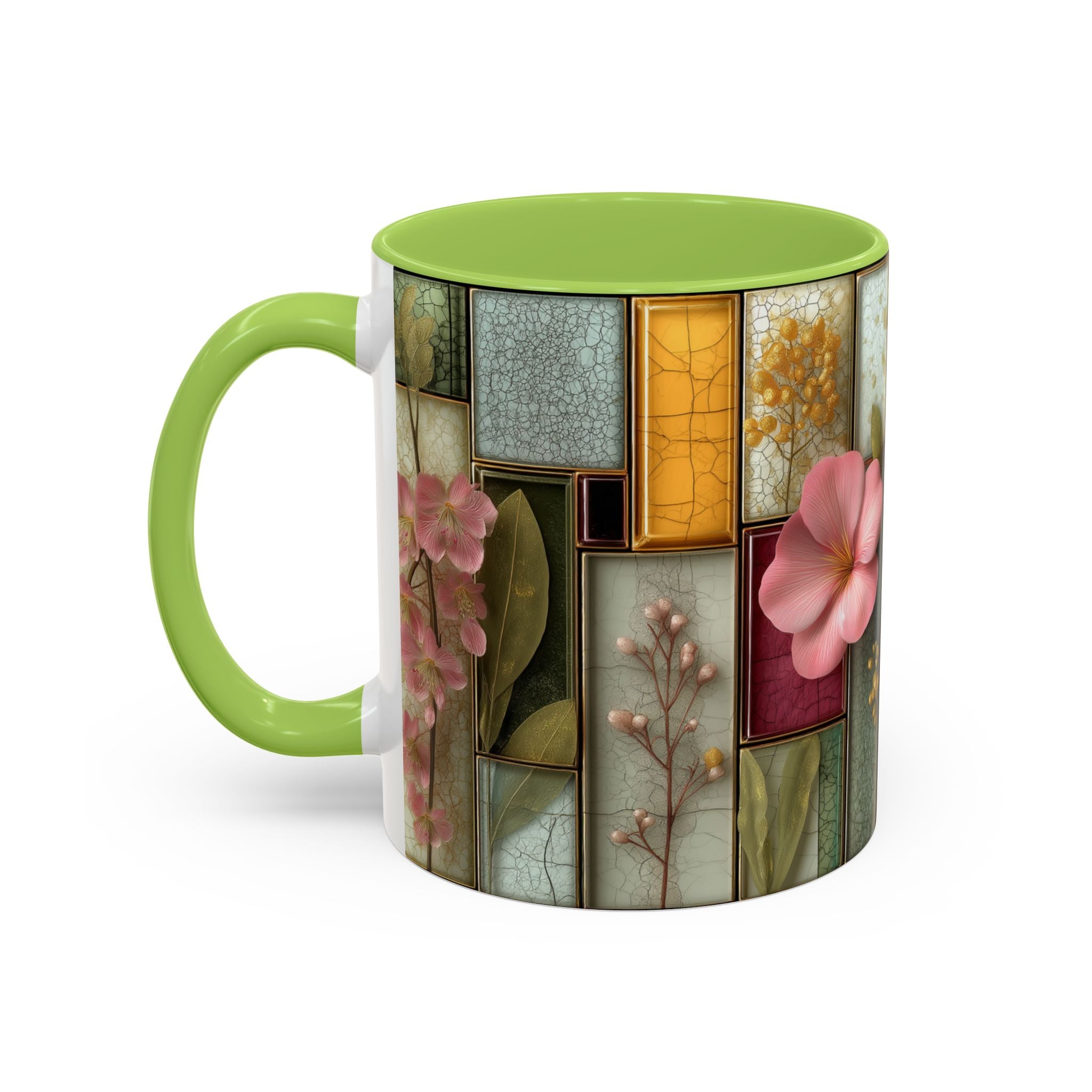 Floral Stained Glass Accent Coffee Mug — Botanical Patchwork Design (11/15 oz)