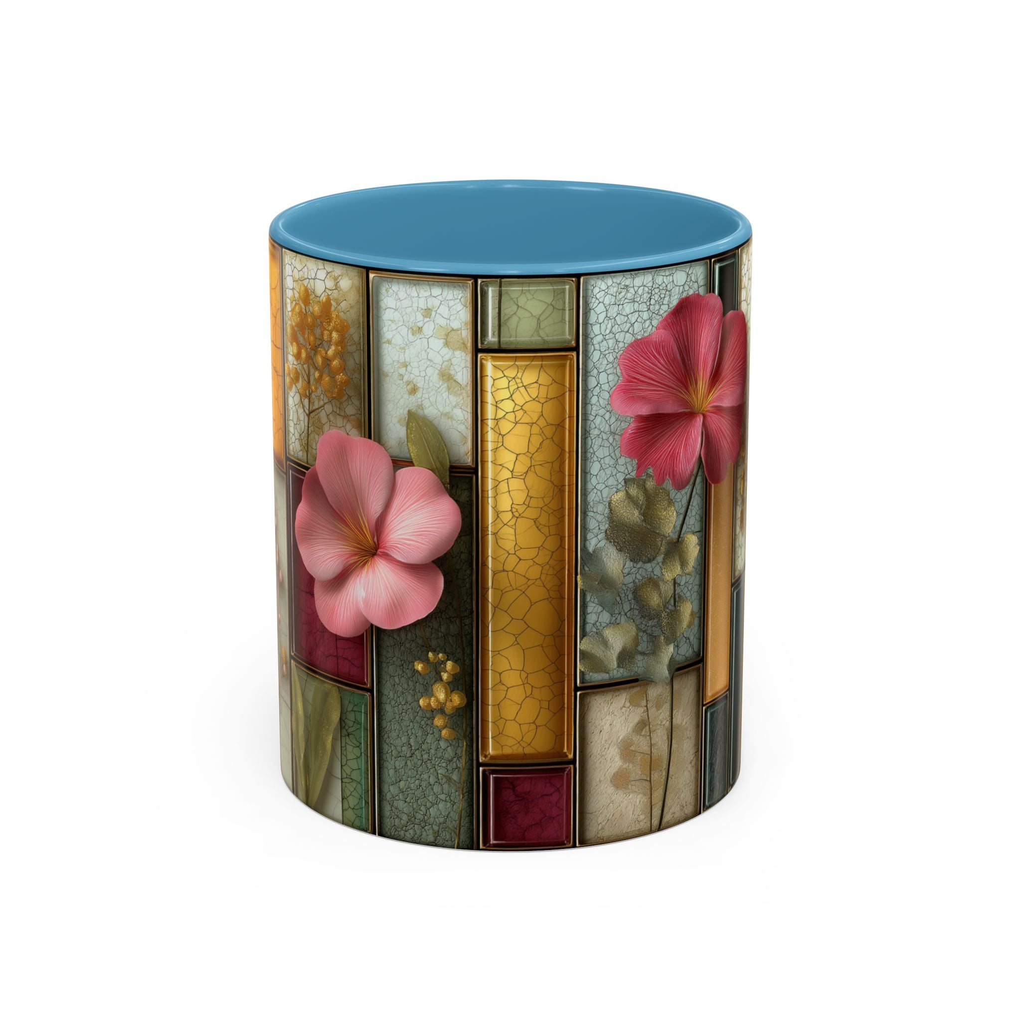 Floral Stained Glass Accent Coffee Mug — Botanical Patchwork Design (11/15 oz)