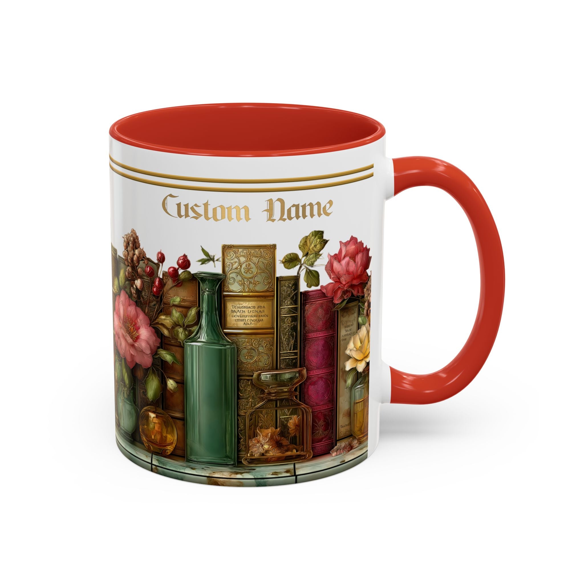 Floral Vintage Books Accent Coffee Mug — Personalized Name Option (11/15 oz) - 01