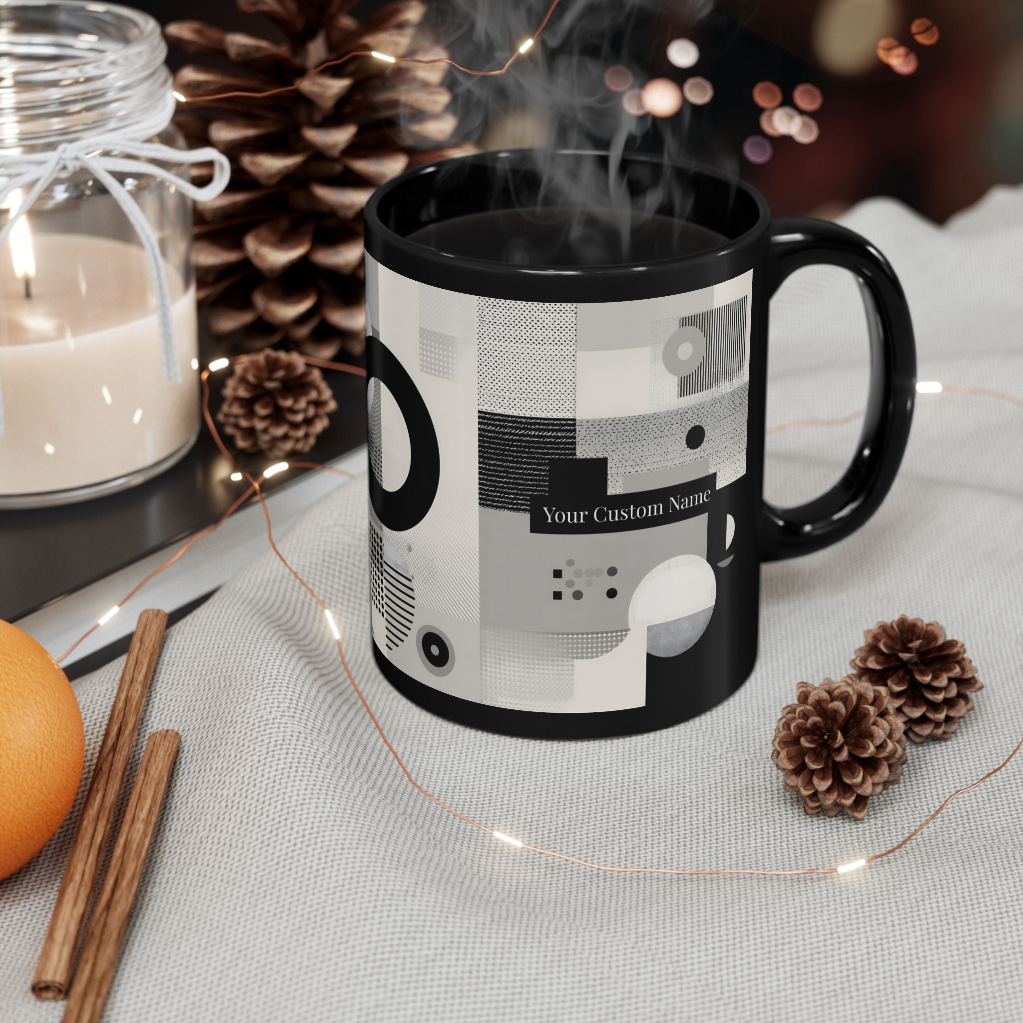 Modern Geometric Black Mug. Custom Name 11oz/15oz. 03