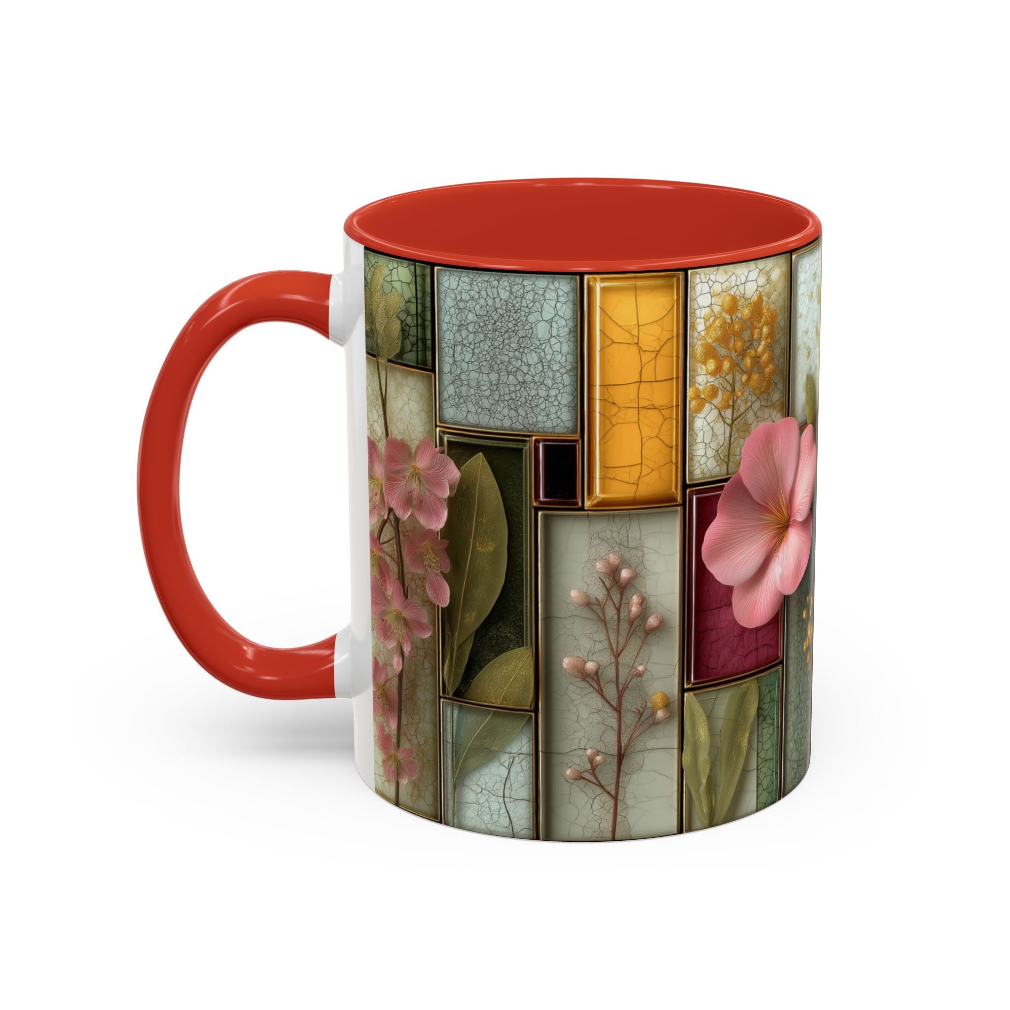 Floral Stained Glass Accent Coffee Mug — Botanical Patchwork Design (11/15 oz)