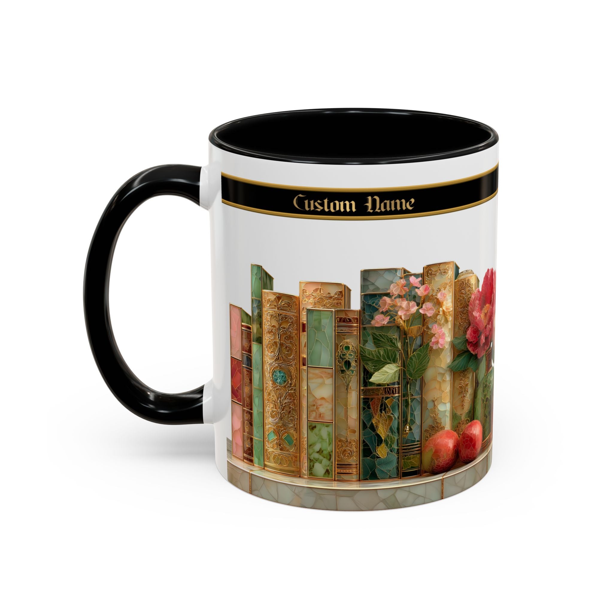 Floral Vintage Books Accent Coffee Mug — Personalized Name Option (11/15 oz) - 02