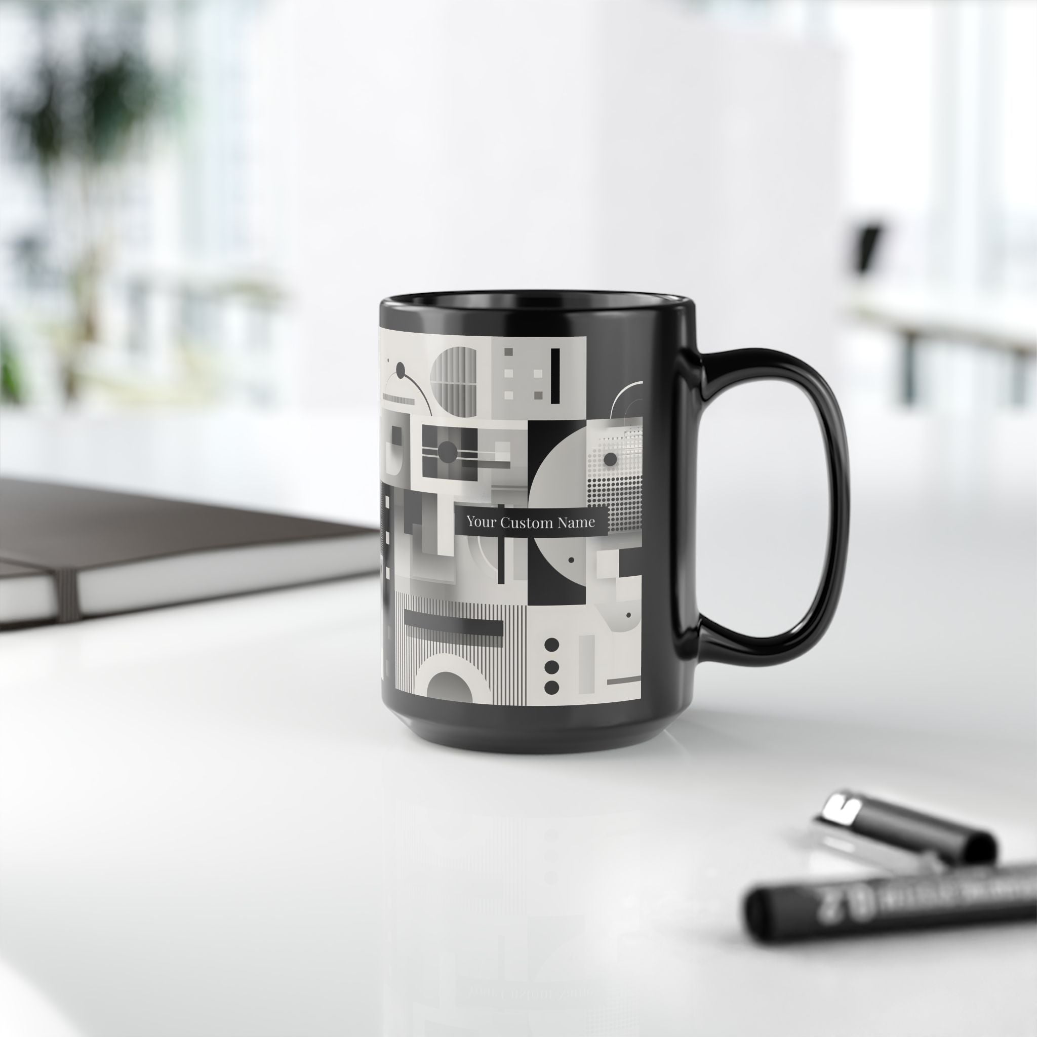 Modern Geometric Black Mug. Custom Name 11oz/15oz. 01