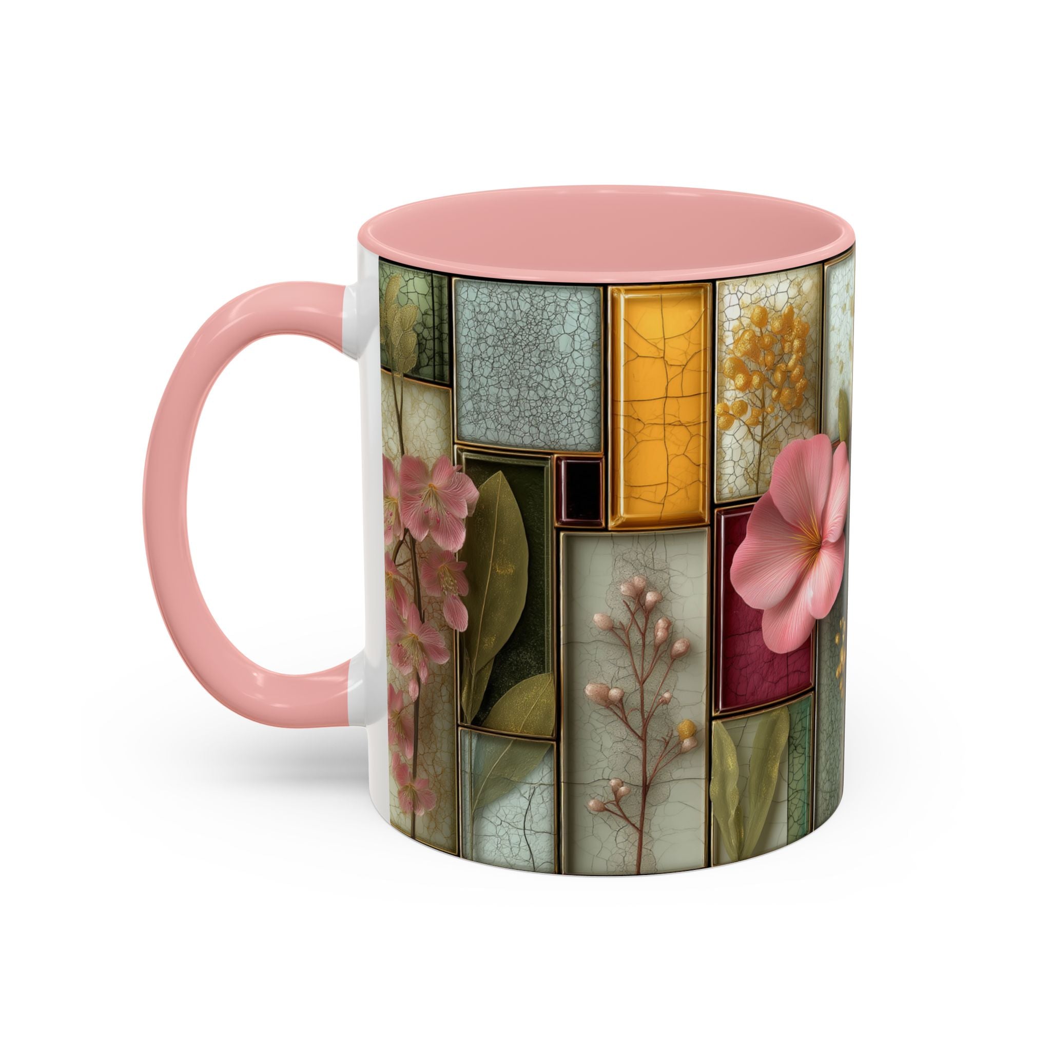 Floral Stained Glass Accent Coffee Mug — Botanical Patchwork Design (11/15 oz)