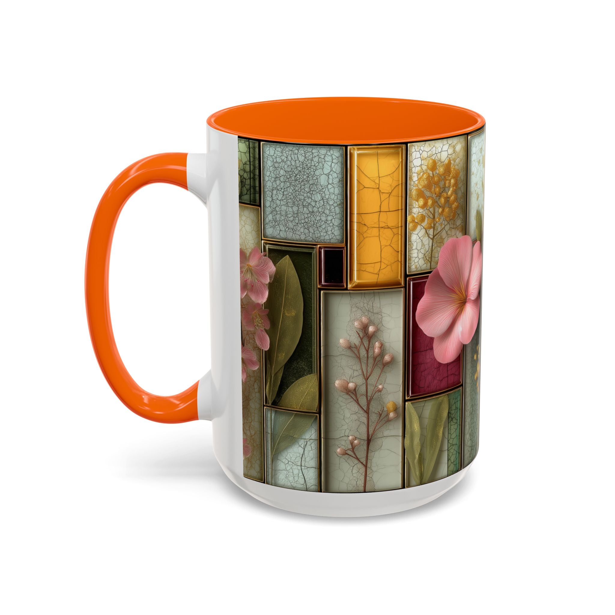 Floral Stained Glass Accent Coffee Mug — Botanical Patchwork Design (11/15 oz)
