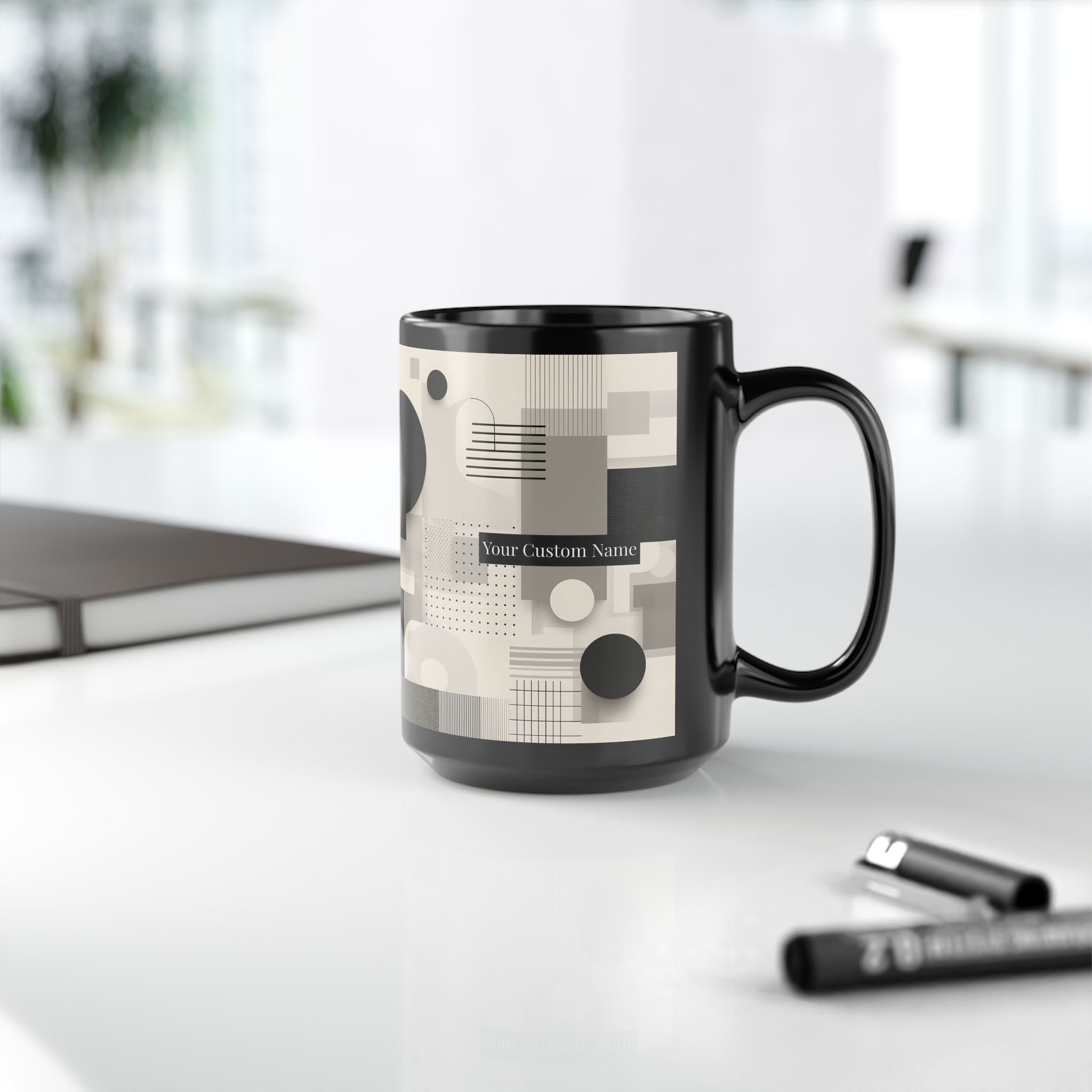 Modern Geometric Black Mug. Custom Name 11oz/15oz. 04