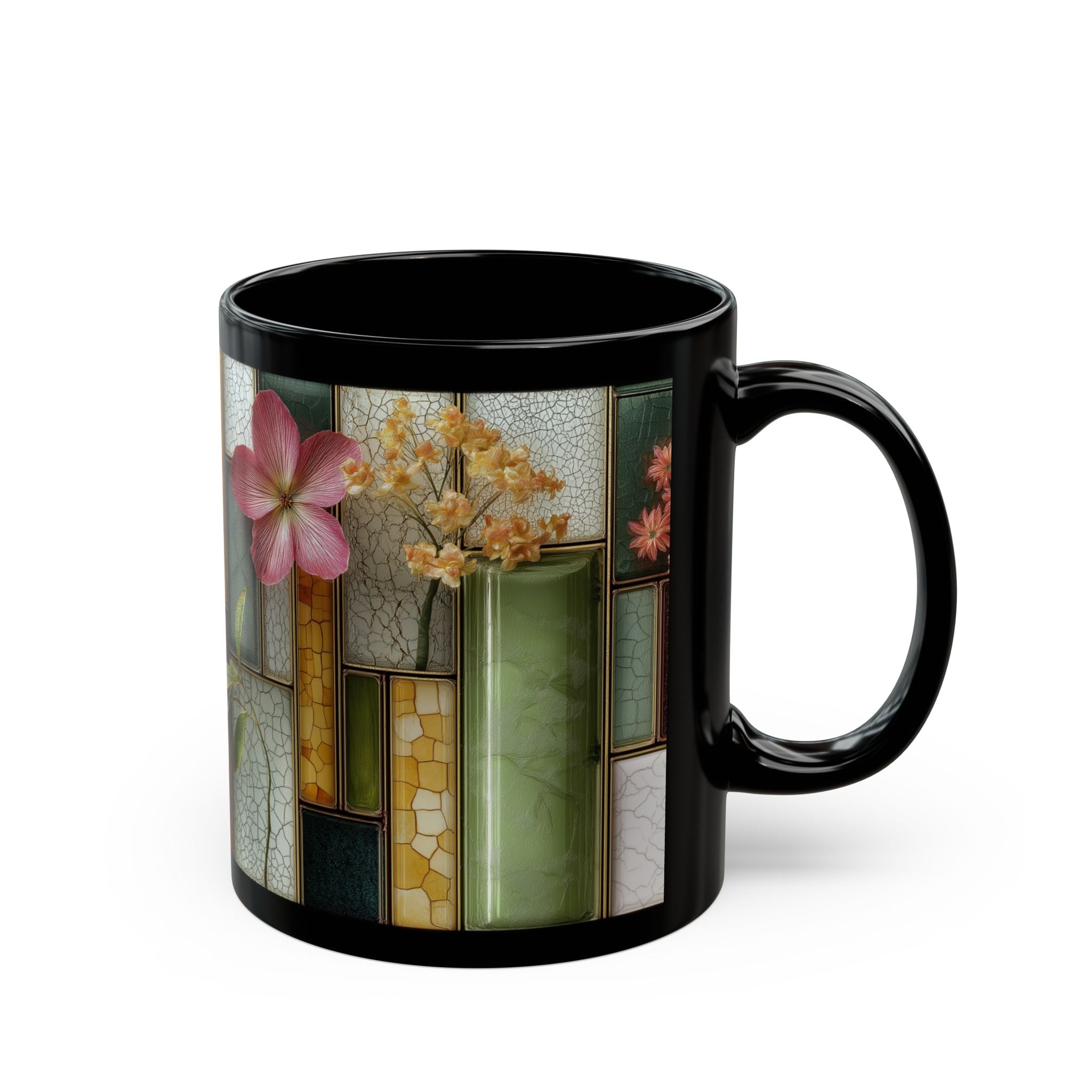 Floral Stained Glass Black Mug – Vintage Tile Flower Coffee Cup (11oz/15oz)