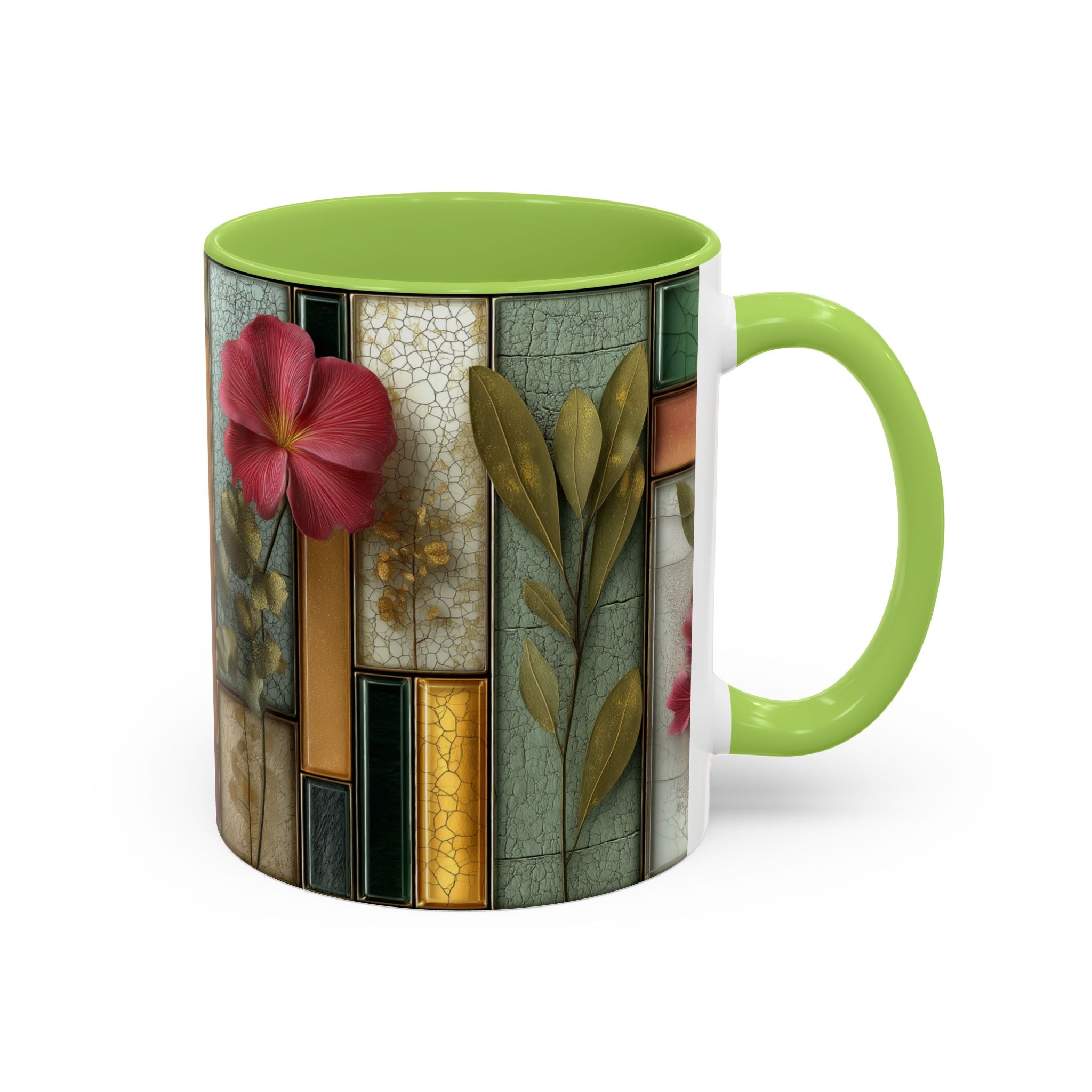 Floral Stained Glass Accent Coffee Mug — Botanical Patchwork Design (11/15 oz)