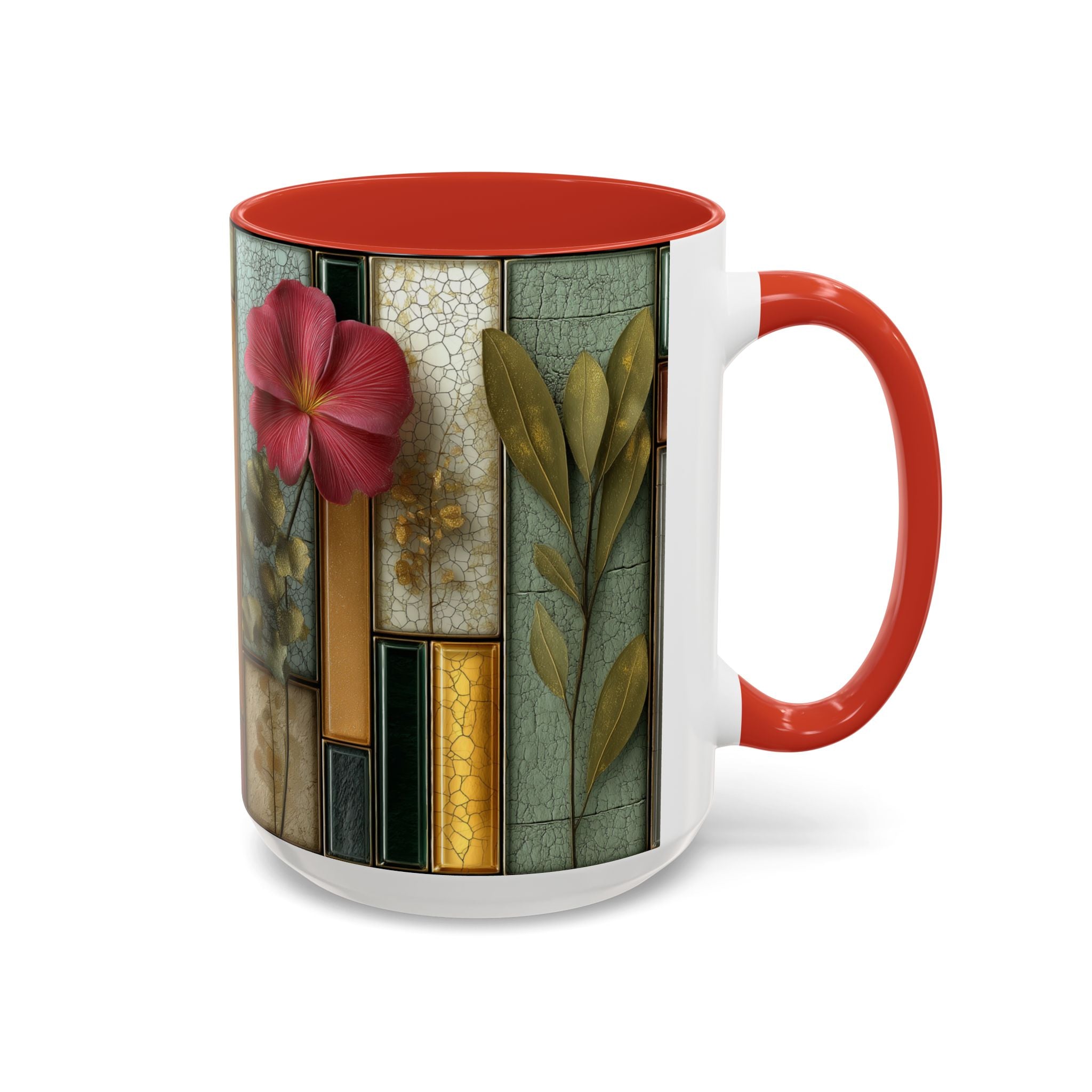 Floral Stained Glass Accent Coffee Mug — Botanical Patchwork Design (11/15 oz)