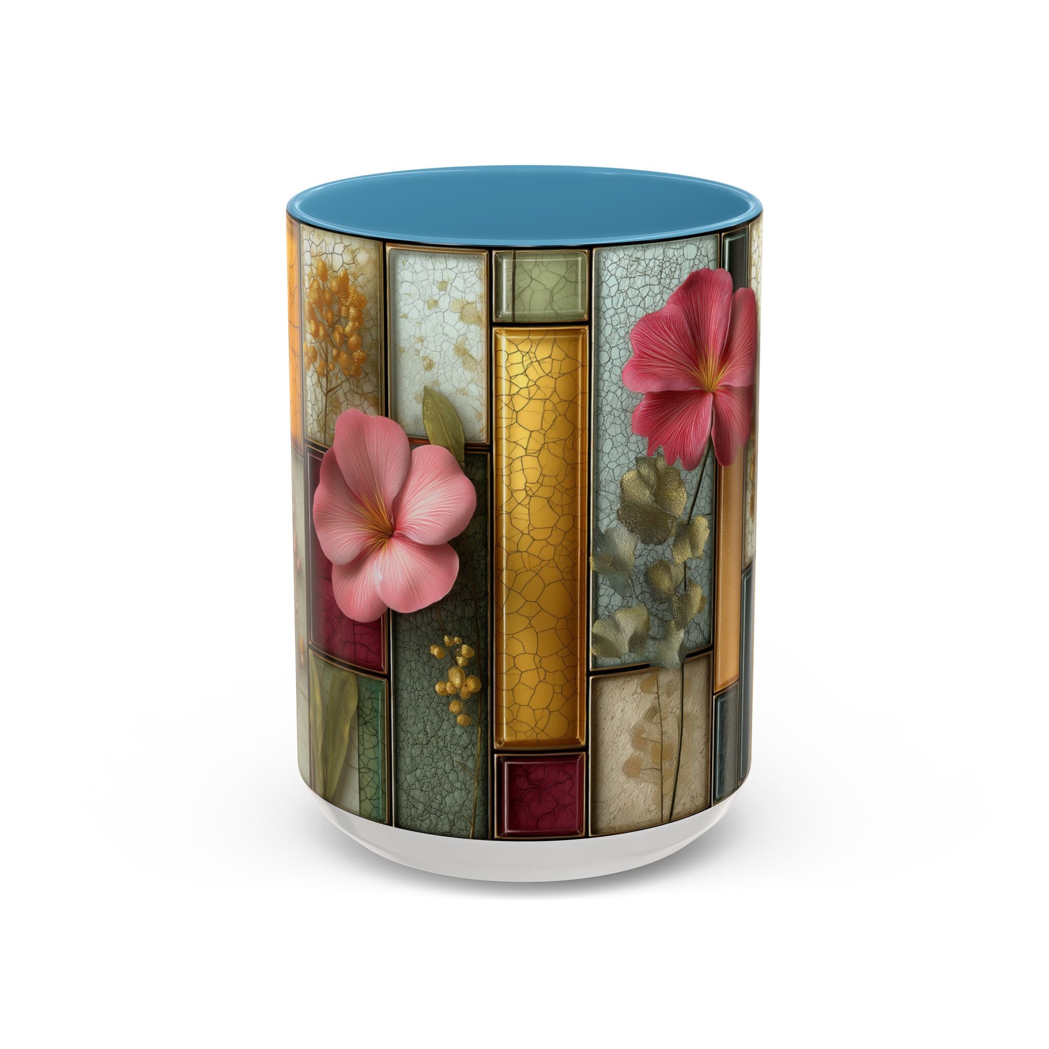 Floral Stained Glass Accent Coffee Mug — Botanical Patchwork Design (11/15 oz)