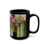 Floral Stained Glass Black Mug – Vintage Tile Flower Coffee Cup (11oz/15oz)