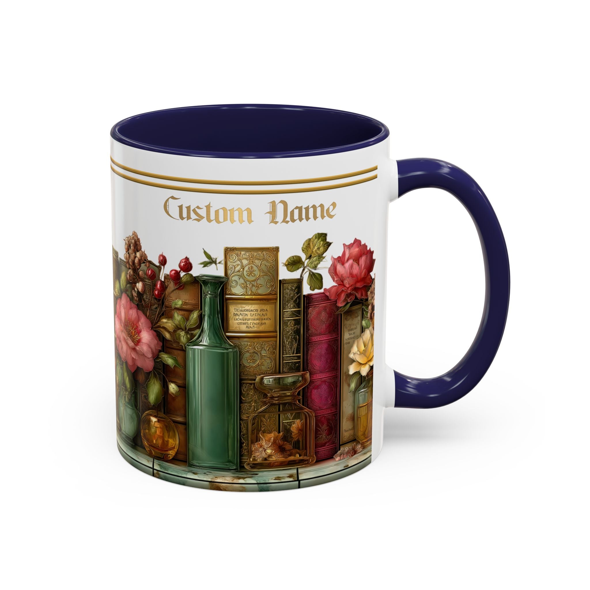 Floral Vintage Books Accent Coffee Mug — Personalized Name Option (11/15 oz) - 01