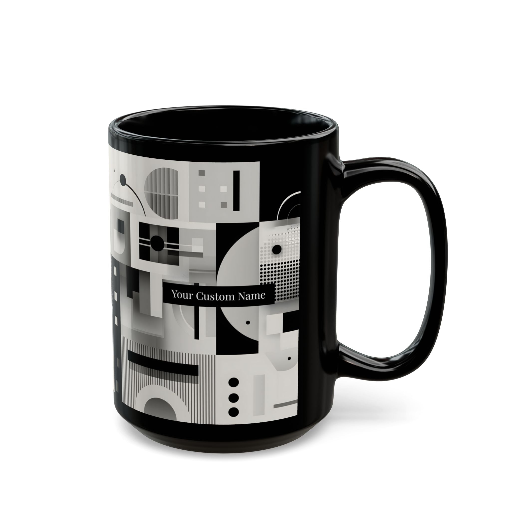 Modern Geometric Black Mug. Custom Name 11oz/15oz. 01