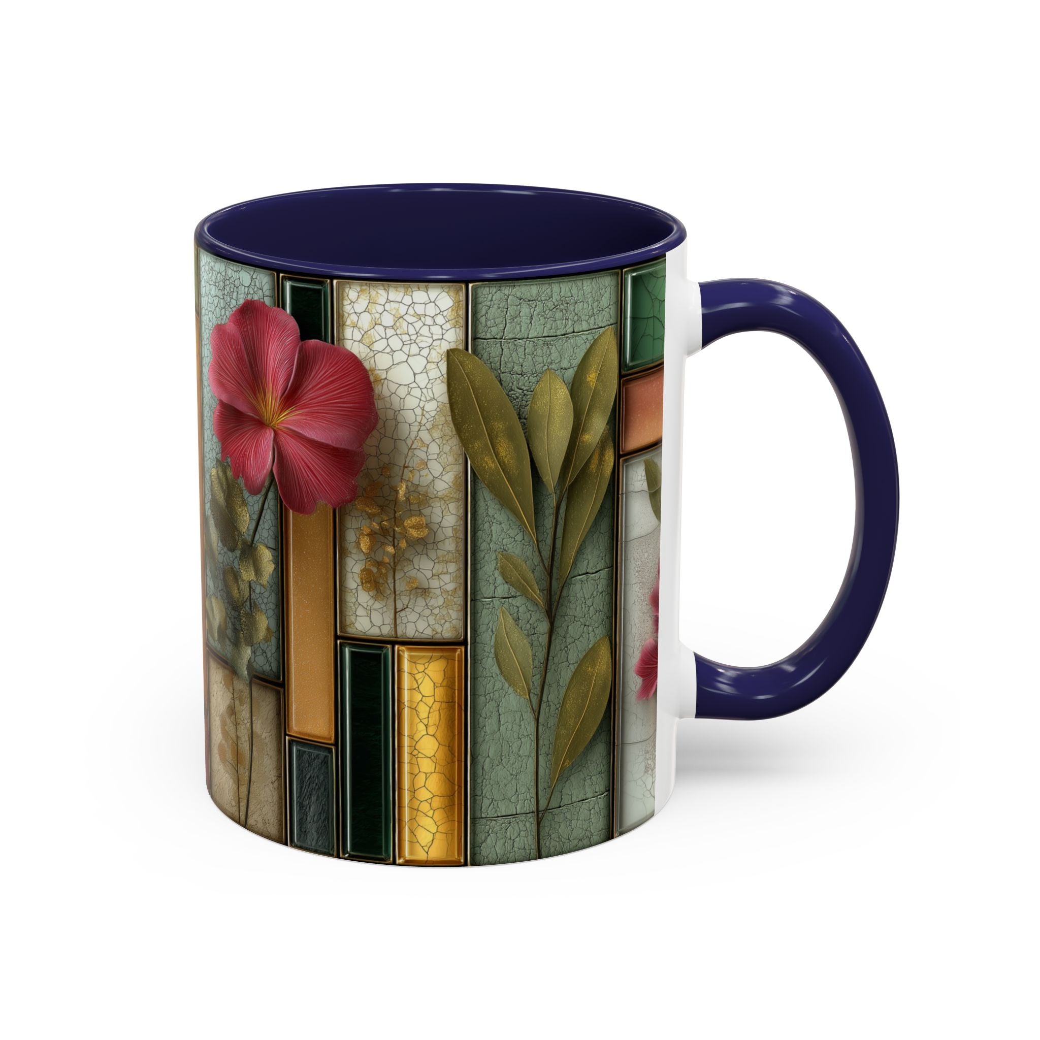 Floral Stained Glass Accent Coffee Mug — Botanical Patchwork Design (11/15 oz)