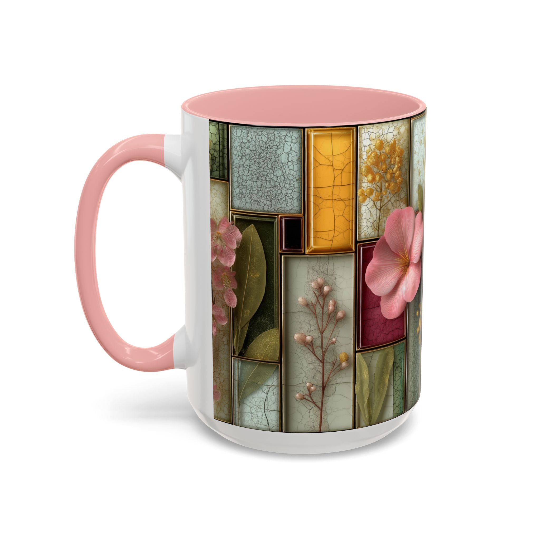 Floral Stained Glass Accent Coffee Mug — Botanical Patchwork Design (11/15 oz)
