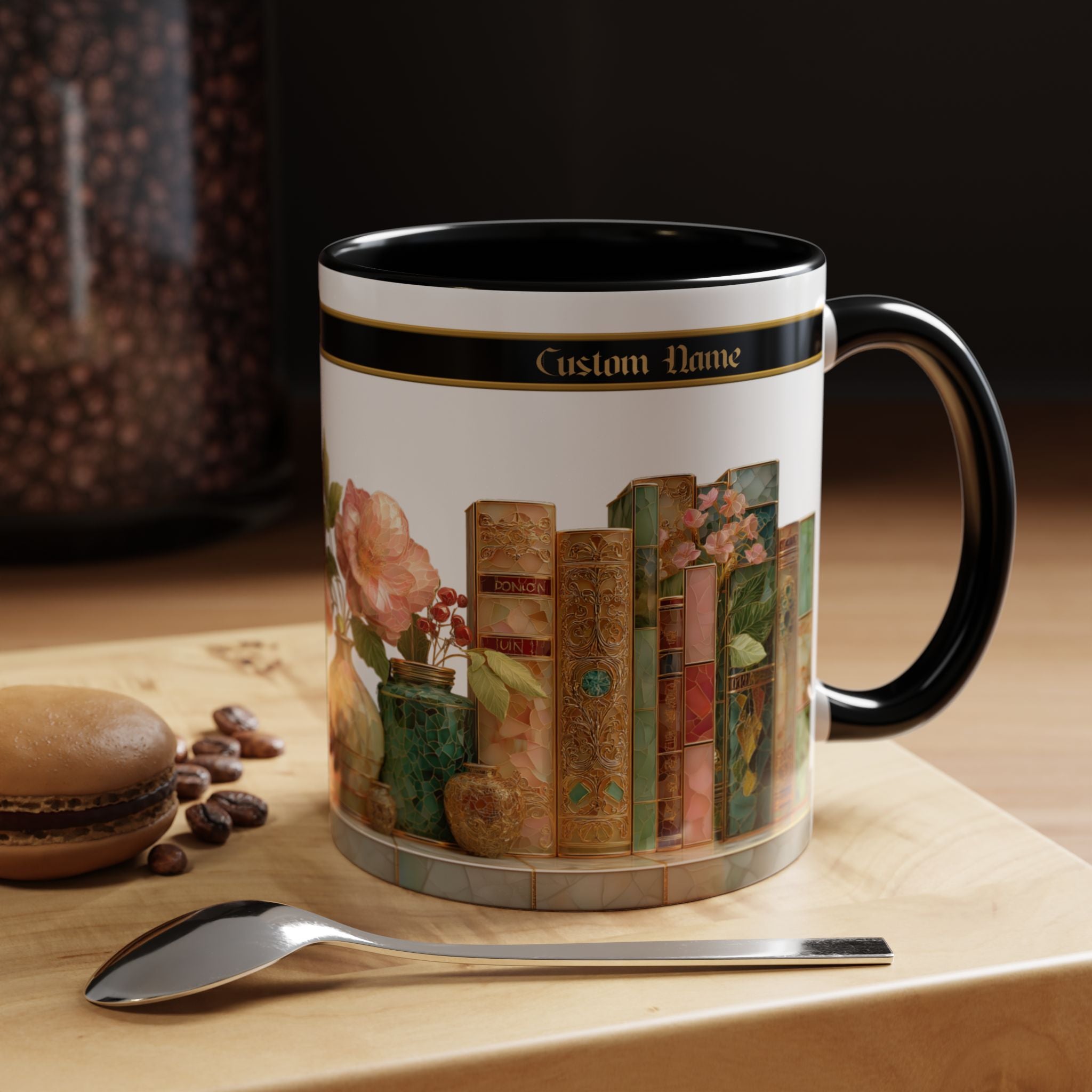 Floral Vintage Books Accent Coffee Mug — Personalized Name Option (11/15 oz) - 02