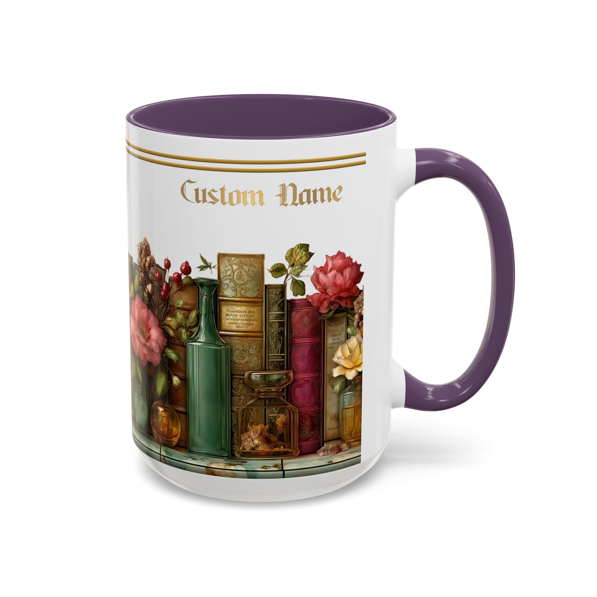 Floral Vintage Books Accent Coffee Mug — Personalized Name Option (11/15 oz) - 01