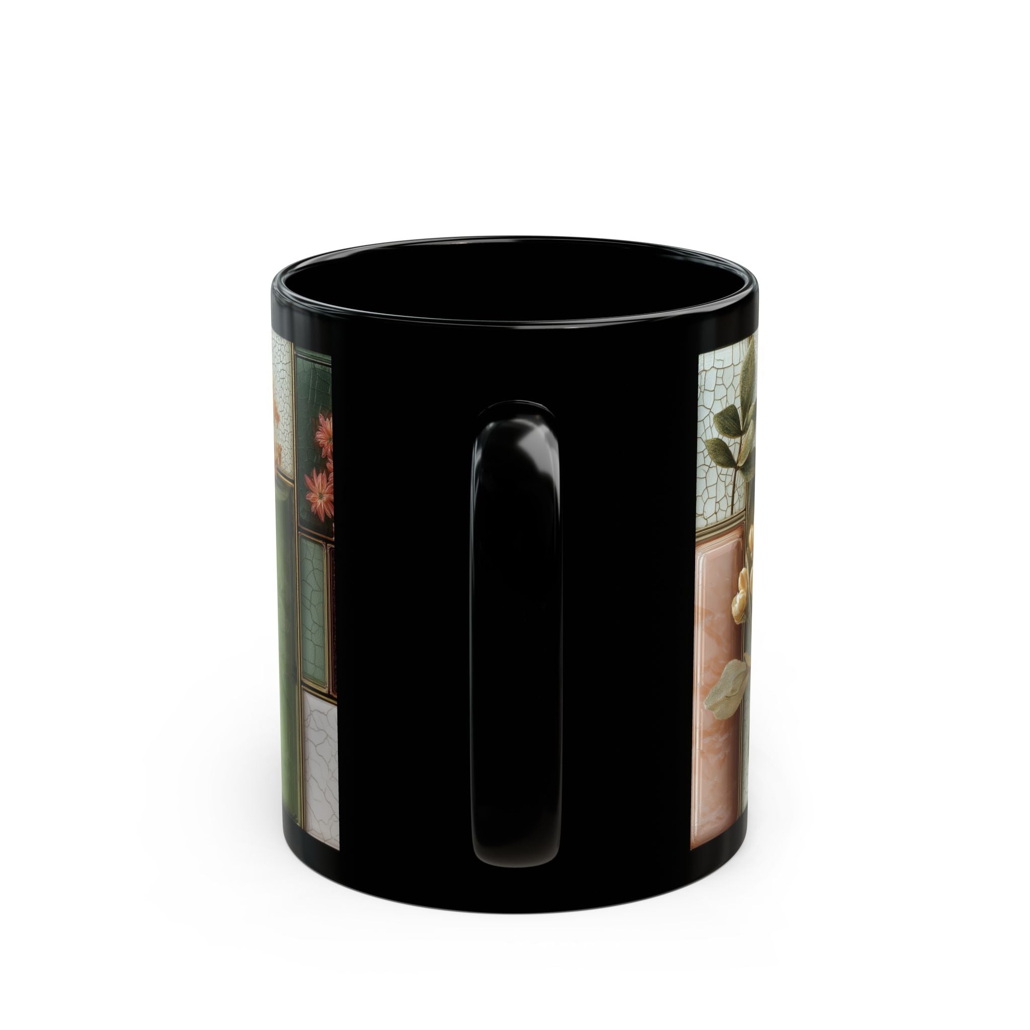 Floral Stained Glass Black Mug – Vintage Tile Flower Coffee Cup (11oz/15oz)